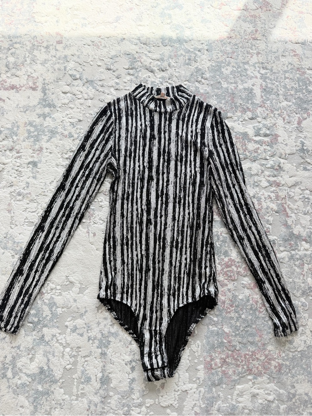 Luxxel Black and White Striped Long-Sleeve Bodysuit